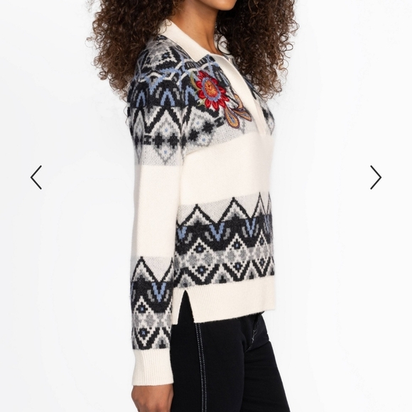 Johnny Was FairIsle Polo Sweater Wool Cashmere Floral Embroidery Ecru L NWT - Picture 5 of 15